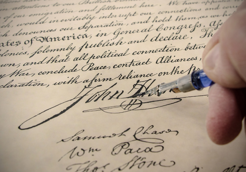 calligraphy signing the Declaration of Independence